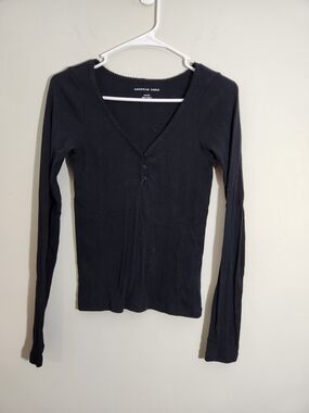 American Eagle Black V-Neck Bella Swan Y2K Long Sleeve Top Pointelle Henley
